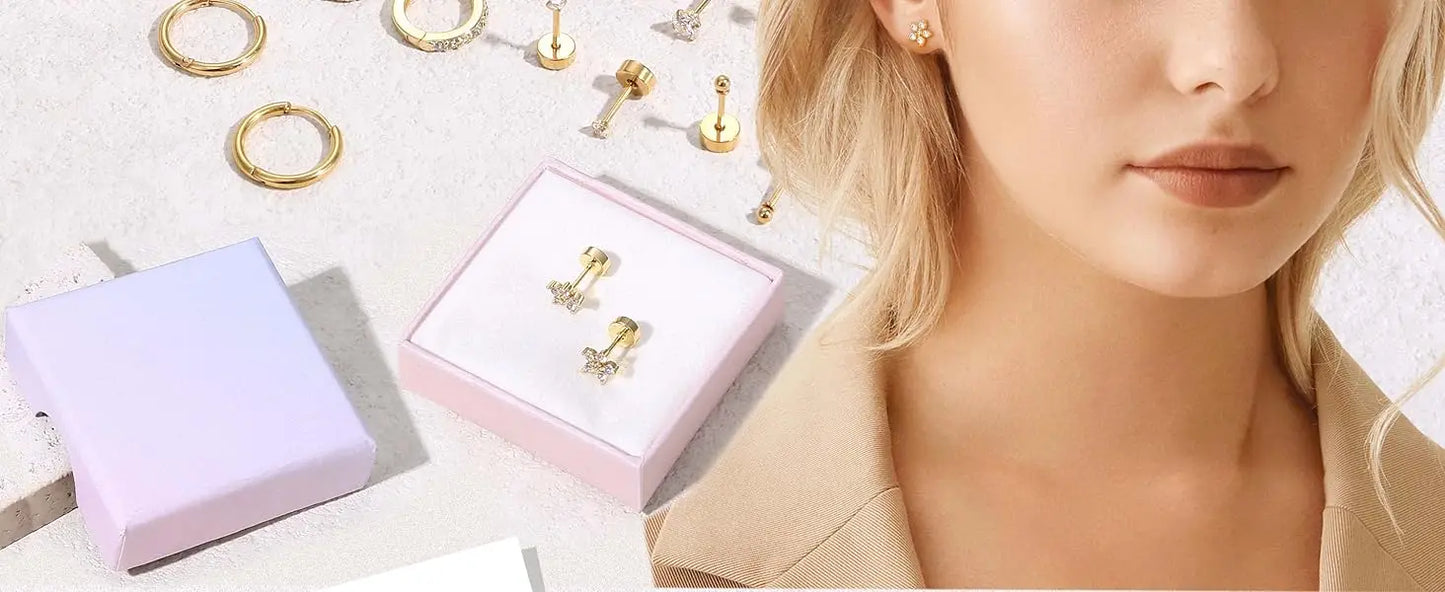 Drperfect Surgical Steel Earrings for Sensitive Ear Flat Back Hoop Cartilage Gold Plated CZ Studs for Women Multiple Piercing