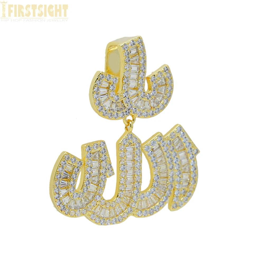 Iced Out Muslims Allah Pendant Necklace Silver Color Pave Zircon CZ Letter Charm Bling Women Men Hip Hop Jewelry