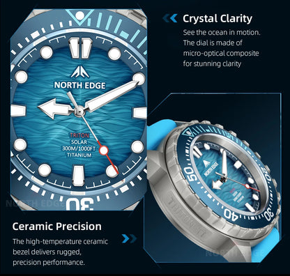 NORTH EDGE TRITON-TI Titanium Solar Diving Watch – 300M Waterproof, 180-Day Power Reserve