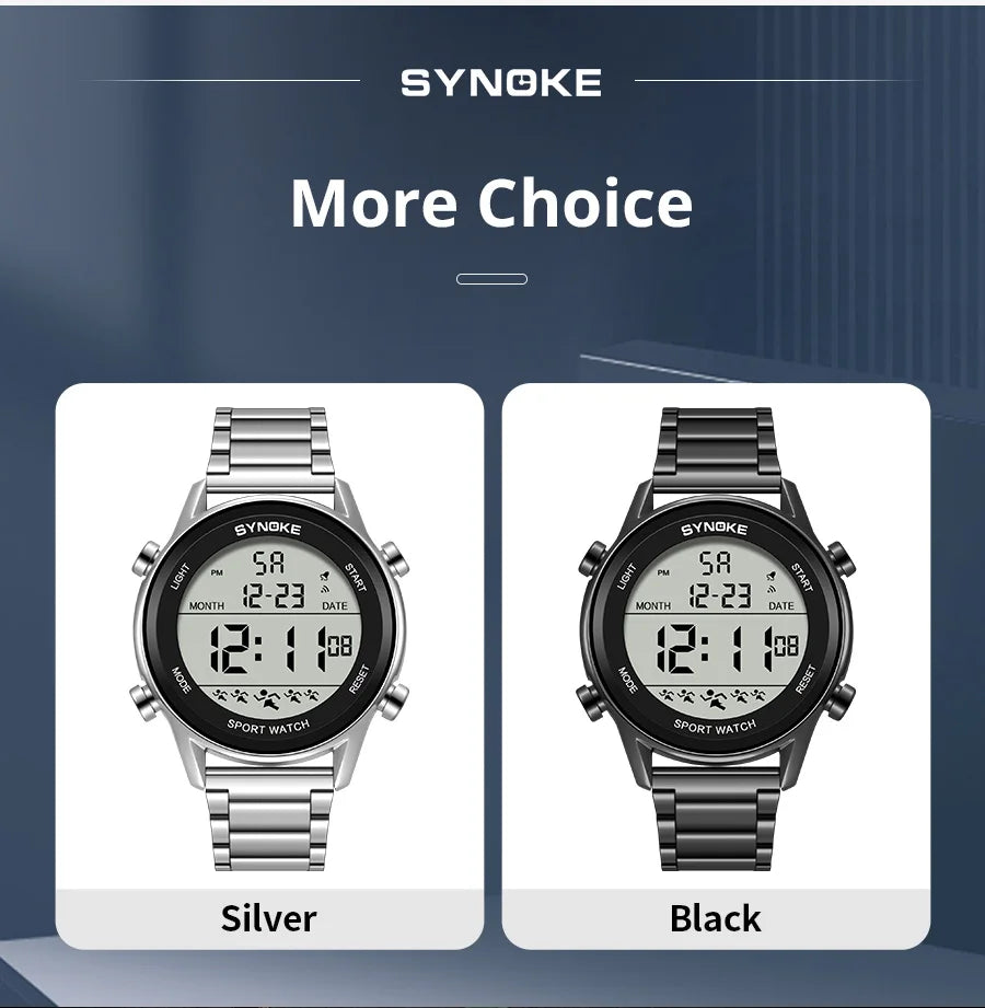 SYNOKE Top Luxury Stainless Steel Strap Sport Watches Mens Waterproof Back Light Digital Wristwatch Male Alarm