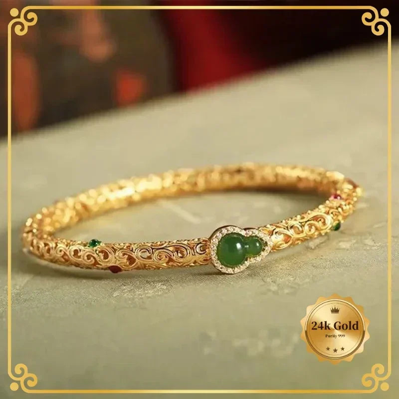 24k AU999 Yellow Gold Auspicious Clouds Gourd Bracelet Women's Antique Open Luxury Retro Fashion Minimalism