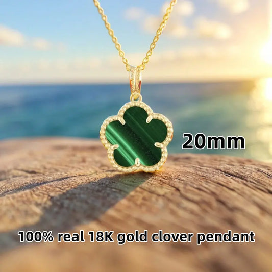 Real 18K Gold Pendant Necklace for Women 20mm Five-flower Natural Malachite Fashion Jewelry Luxury Clover Accessories AU750