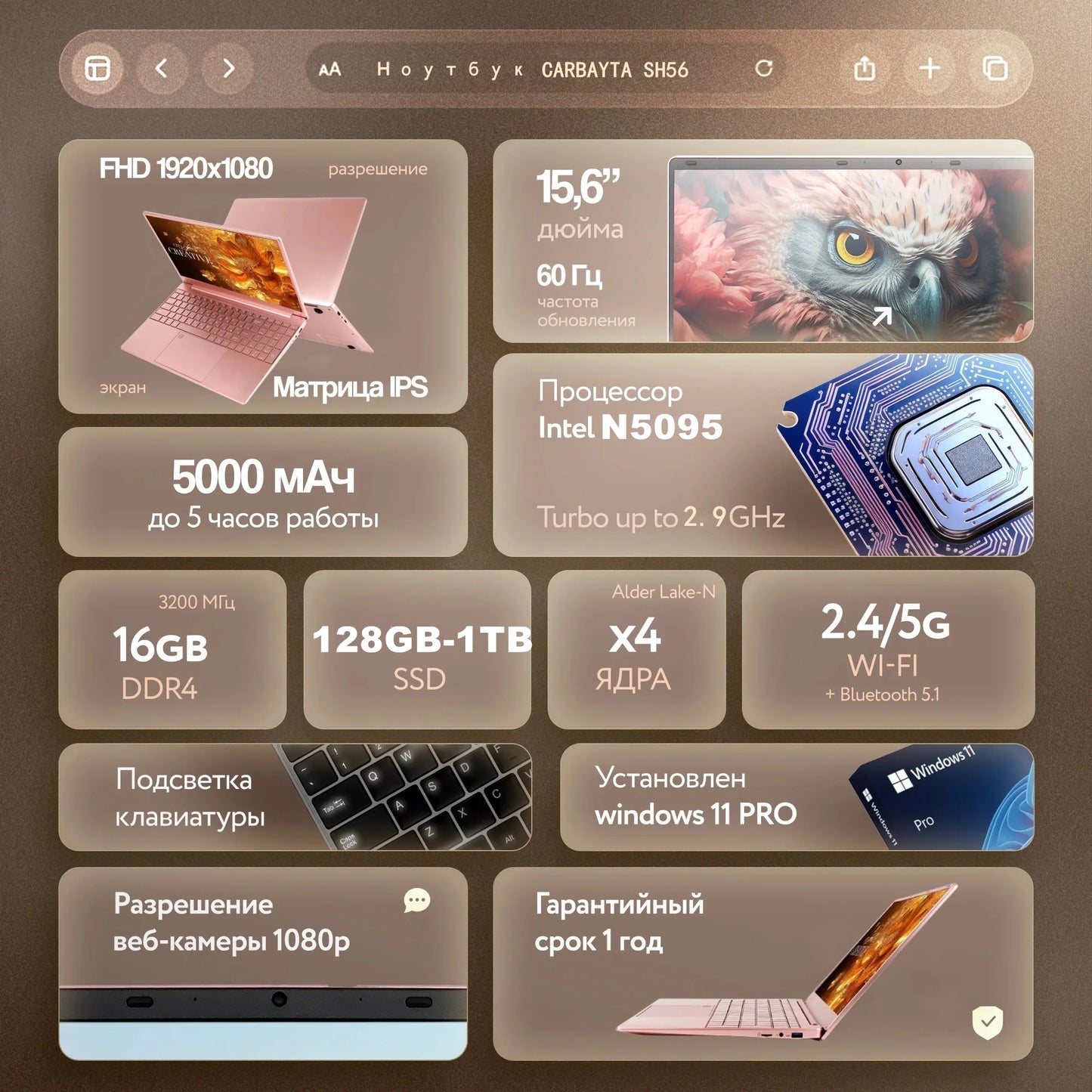 CARBAYTA 11th Gen Laptop  Intel Celeron N5095 Windows 11 Pro Up to 32GB RAM  128GB-2TB SSD 2.4G/5G WiFi + BT  Cute Pink Keyboard