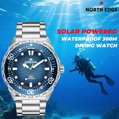 NORTH EDGE Watches for Man TRITON Solar Powered Diving Watch Quartz Wristwatch Stainless Steel Waterproof 300M Luxury Man Watch