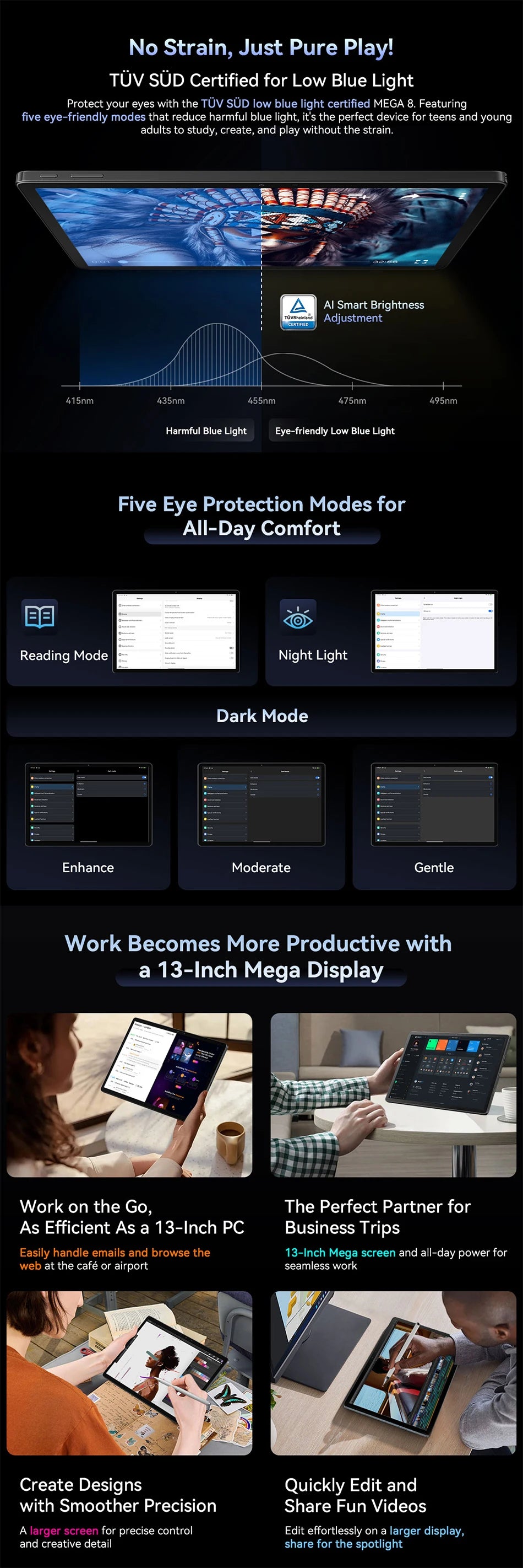 Blackview MEGA 8 Tablet - 13" FHD+ 90Hz Display Android 15 11000mAh 50MP Camera 4G Pad PC