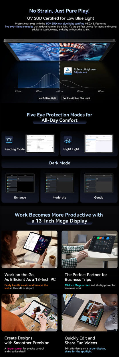Blackview MEGA 8 Tablet - 13" FHD+ 90Hz Display Android 15 11000mAh 50MP Camera 4G Pad PC