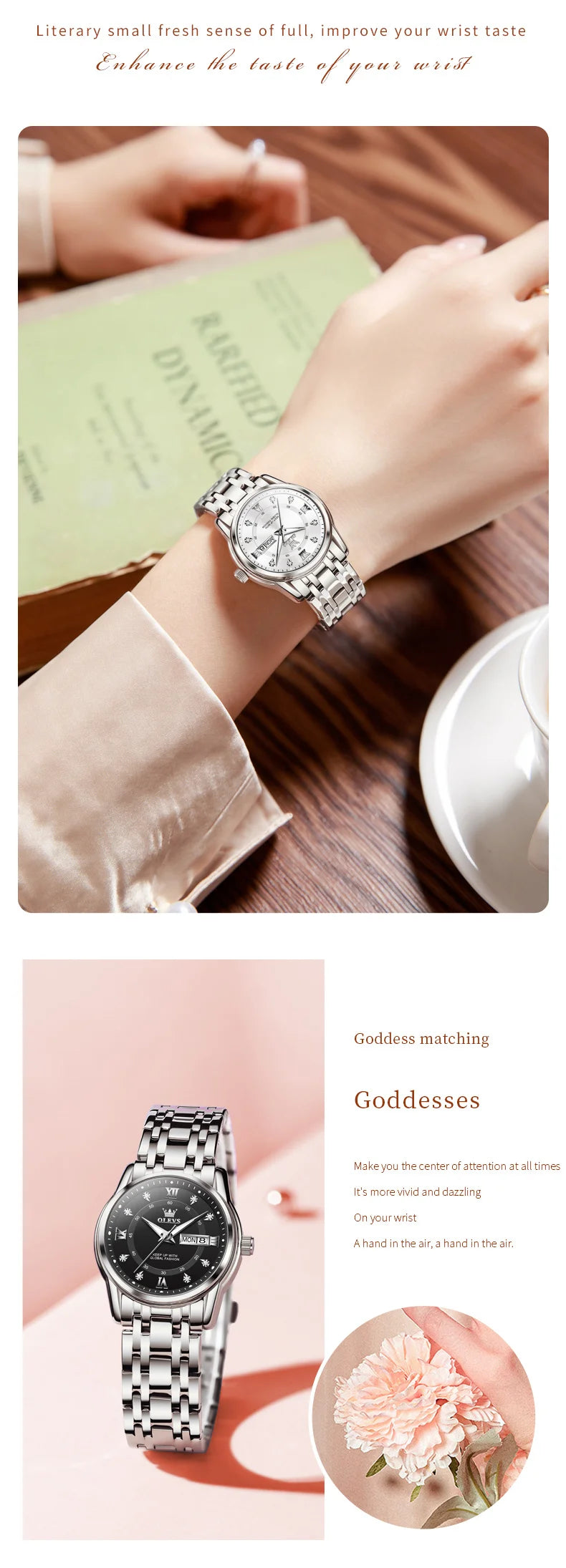 OLEVS Best Selling Fashion Stainless Steel Quartz Ladies Watch Luxury Dual Calendar Luminous Waterproof Elegant Watch for Women