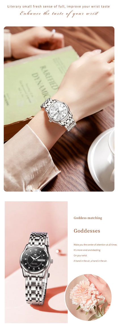 OLEVS Best Selling Fashion Stainless Steel Quartz Ladies Watch Luxury Dual Calendar Luminous Waterproof Elegant Watch for Women