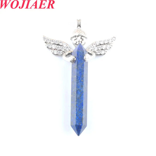 Natural Lazulis Stone Long Hexagonal Pendant For Make DIY Trendy Rhinestone Angel Wings Necklace Wed Gift BO907