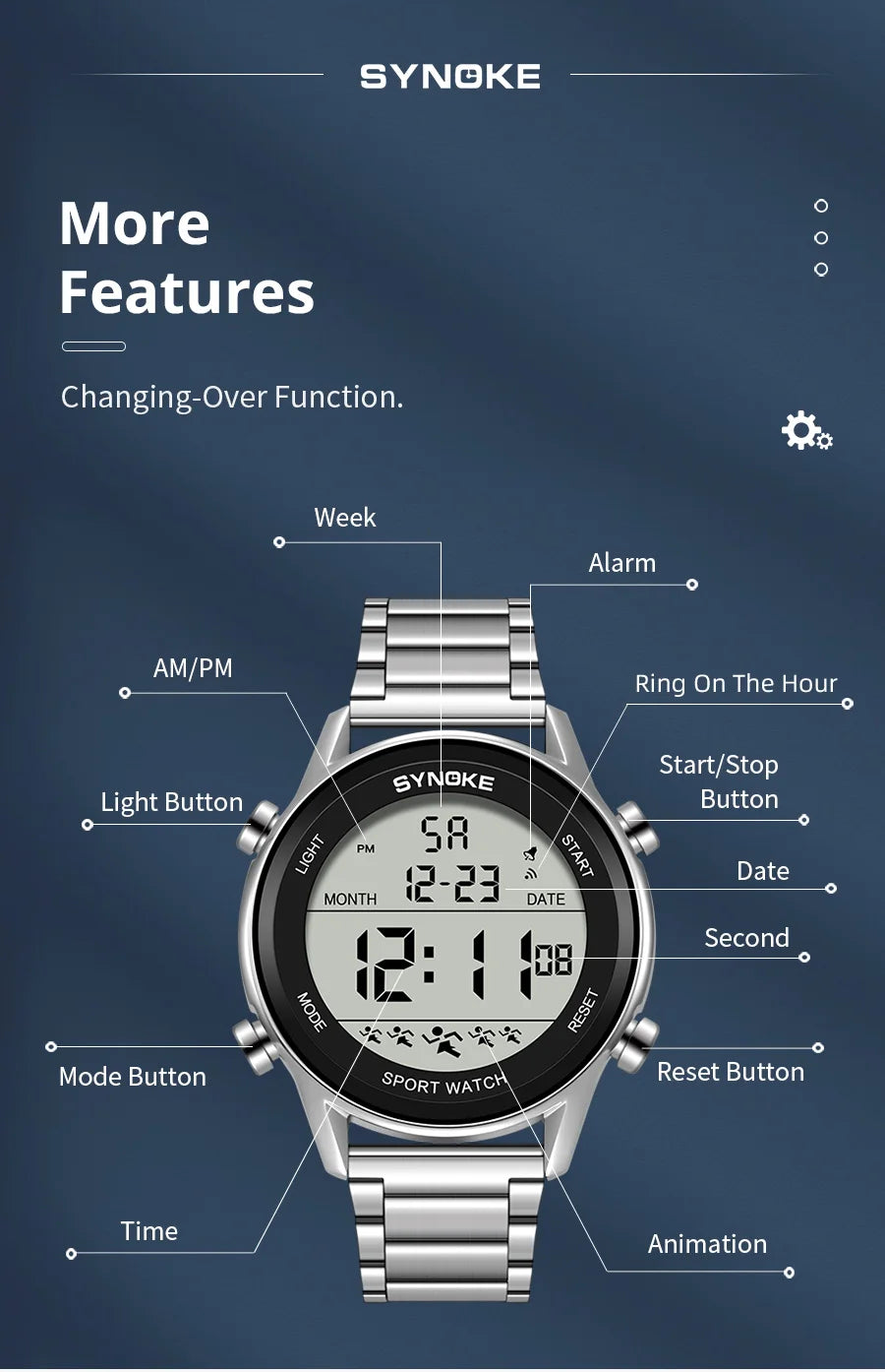 SYNOKE Top Luxury Stainless Steel Strap Sport Watches Mens Waterproof Back Light Digital Wristwatch Male Alarm
