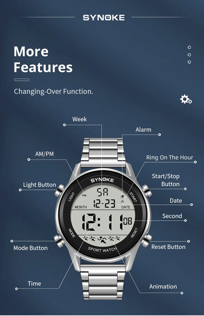 SYNOKE Top Luxury Stainless Steel Strap Sport Watches Mens Waterproof Back Light Digital Wristwatch Male Alarm