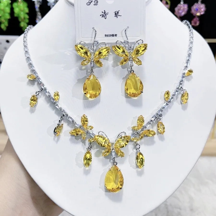 Multicolor Waterdrop Tassel Zirconia Necklace Earrings Women New Silver Color Bridal Wedding Fashion Jewelry Set Party Gifts