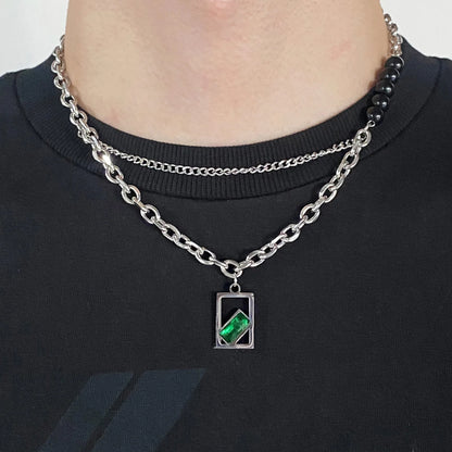 Vnox Unisex Necklaces, Silver Color Rolo Cuban Link Chain, Black Beaded Women Men Collar with Geometric Rectangle Pendant Charm
