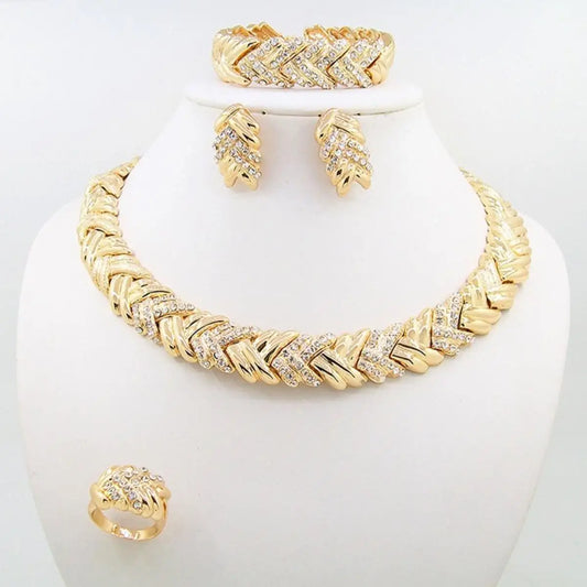 18K Gold Plated Crystal Rhinestone Necklace & Earrings Jewelry Set for Women