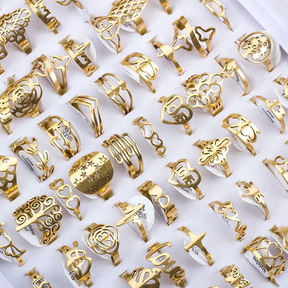 100 Pieces Stainless Steel Engraved Rings for Men and Women Fashion Charm Jewelry Gift Hollow Flower Finger Rings Wholesale Lots