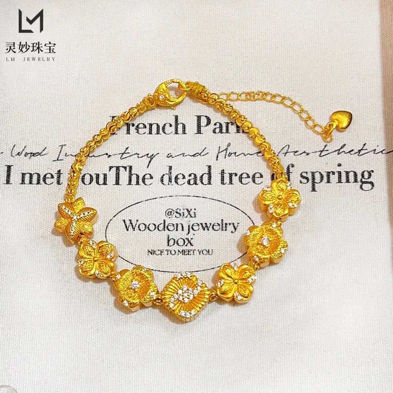 9999 24K real gold dot diamond brushed streamer bead bracelet with flowers blooming flowers and bracelets for girlfriend