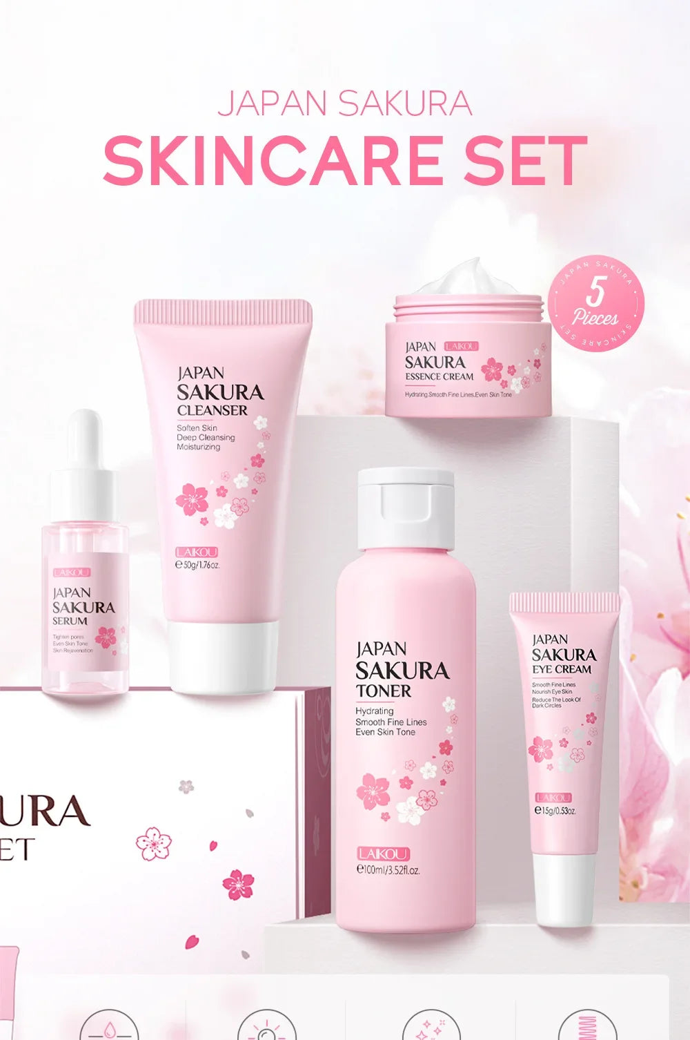 LAIKOU Sakura 5-Piece Skincare Gift Set – Moisturising Korean Valentine's Day Kit