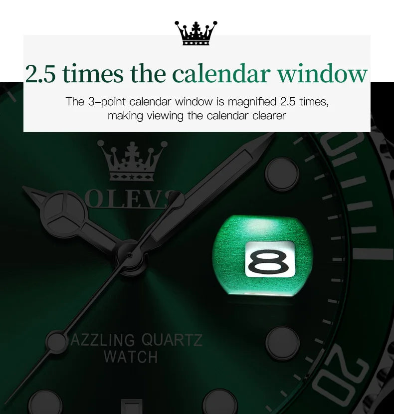 OLEVS 5885 Men's Watches Business Stainless Steel Strap Green Quartz Watch Waterproof Calendar Luminous High Quality Wristwatch