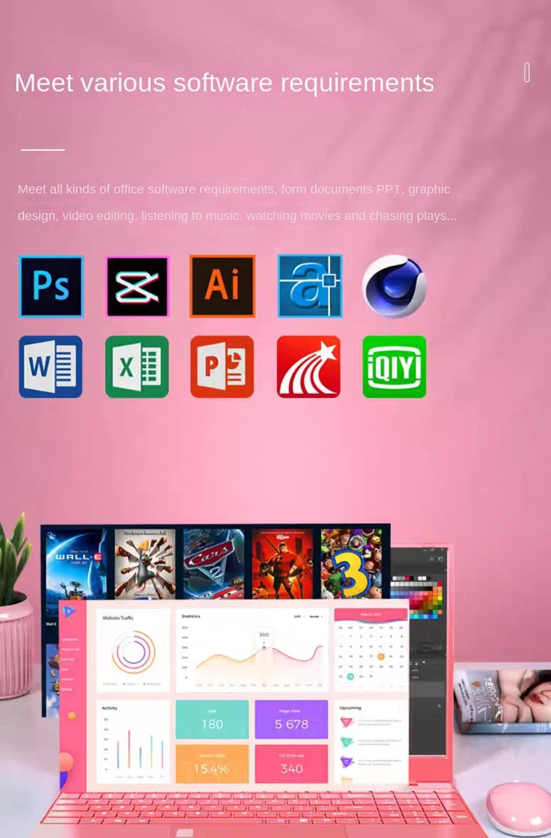 2025 Pink Laptop Windows 11 Office Education Gaming Notebook 15.6“11th Gen Intel Celeron N5095 16G RAM 1T Dual WiFi Narrow Side