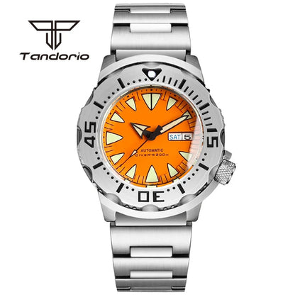 Tandorio Monster NH36A Mechanical Dive Automatic Men's Watch AR Sapphire 42mm 20BAR Steel Wristwatch Double Date Green Luminous
