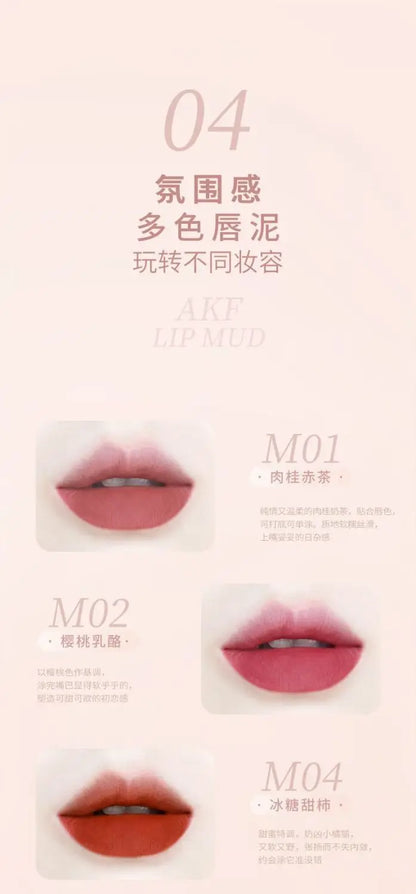 AKF Lip Mud Matte Velvet Soft Mist Lipstick Moisturizing Longlasting High Pigmented Lip Tint Lip Glaze Cosmetics Makeup