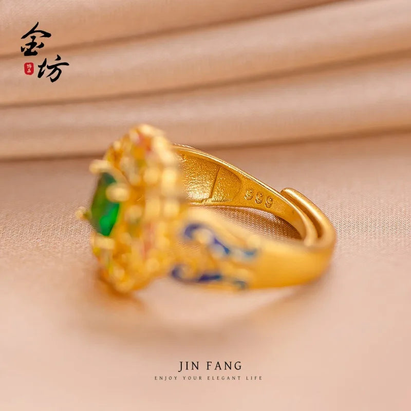 Gold shop 24K real gold spring garden ring au999 pure gold inlaid with enamel national trendy women's accessories