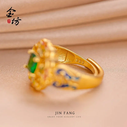 Gold shop 24K real gold spring garden ring au999 pure gold inlaid with enamel national trendy women's accessories