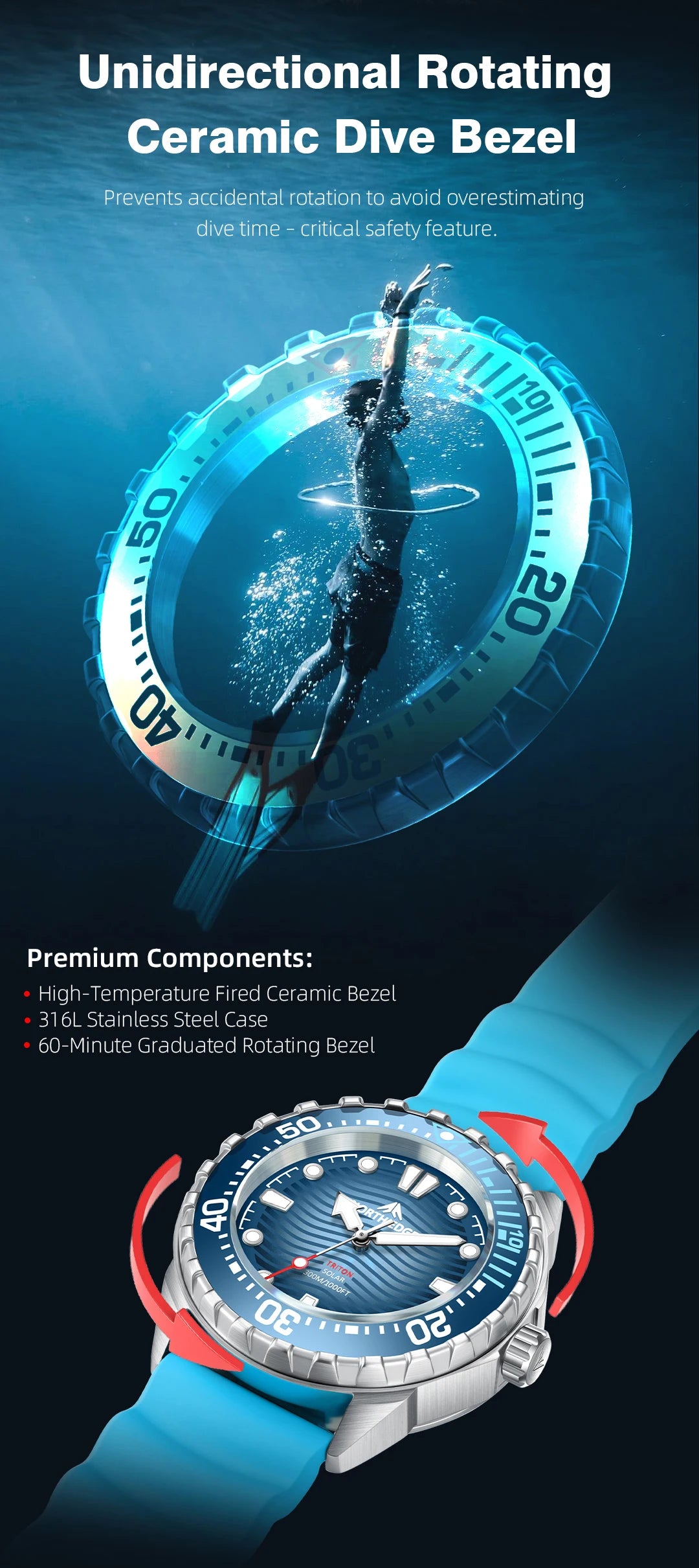 NORTH EDGE Watches for Man TRITON Solar Powered Diving Watch Quartz Wristwatch Stainless Steel Waterproof 300M Luxury Man Watch