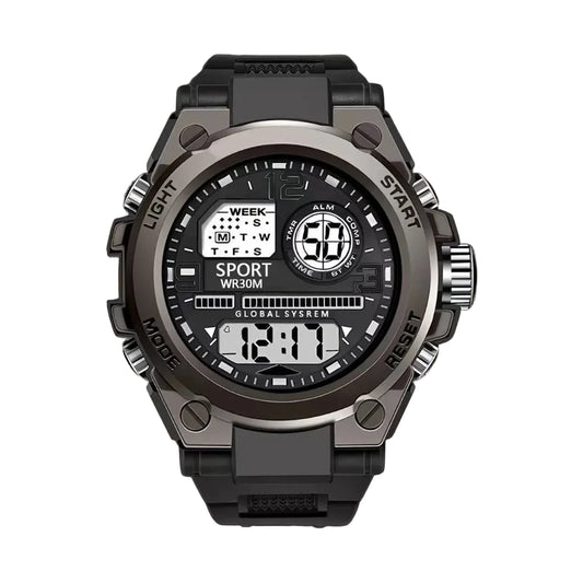 Black digital watch with detailed display 