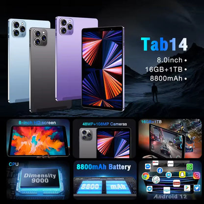 2025 New Tab 14 Tablet Android 12 8 Inch HD 16GB+1TB 8800mAh 5G Dual SIM Bluetooth WiFi GPS Google Play Tables PC Mi Tab