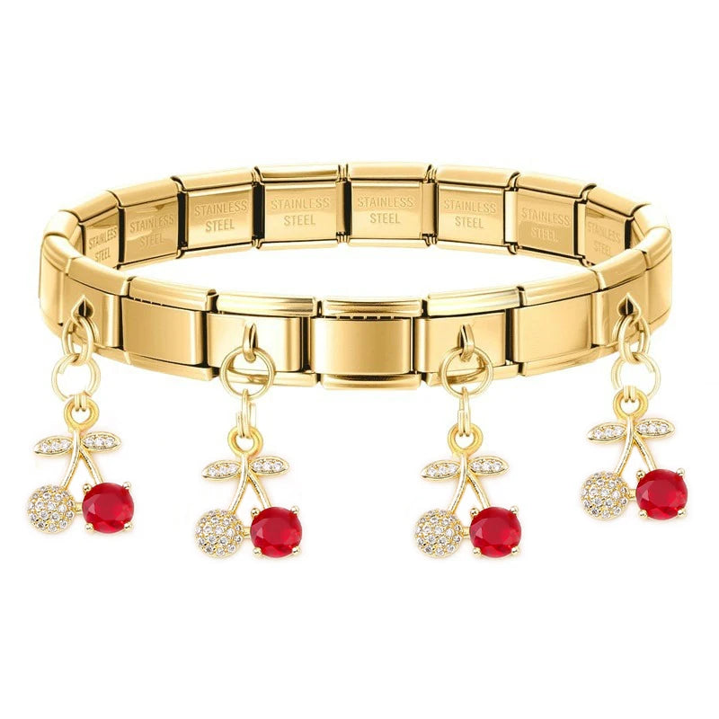 Geometric Square Stainless Steel Elastic Strap Bangle Bracelets for Women Strawberry Cherry Pendant Bracelets Hand Jewelry Gift