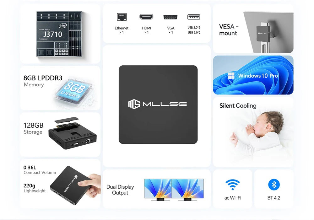 MLLSE Mini PC M2 Air Intel Gemini Lake N4000 Intel J3710 6GB RAM 128GB ROM Dual-Band WiFi Bluetooth USB Mini Computer