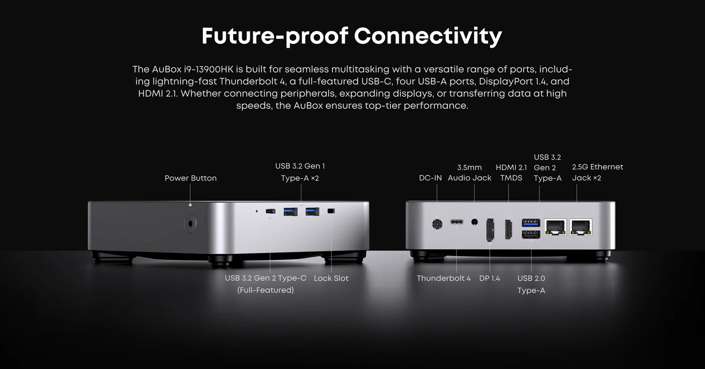 CHUWI AuBox Mini PC i9-13900HK 14 Cores 32GB DDR4 1TB SSD 16GB DDR5 512 SSD Windows 11 Pro WiFi 6 BT 5.2 Extend M.2 1T*2 Desktop