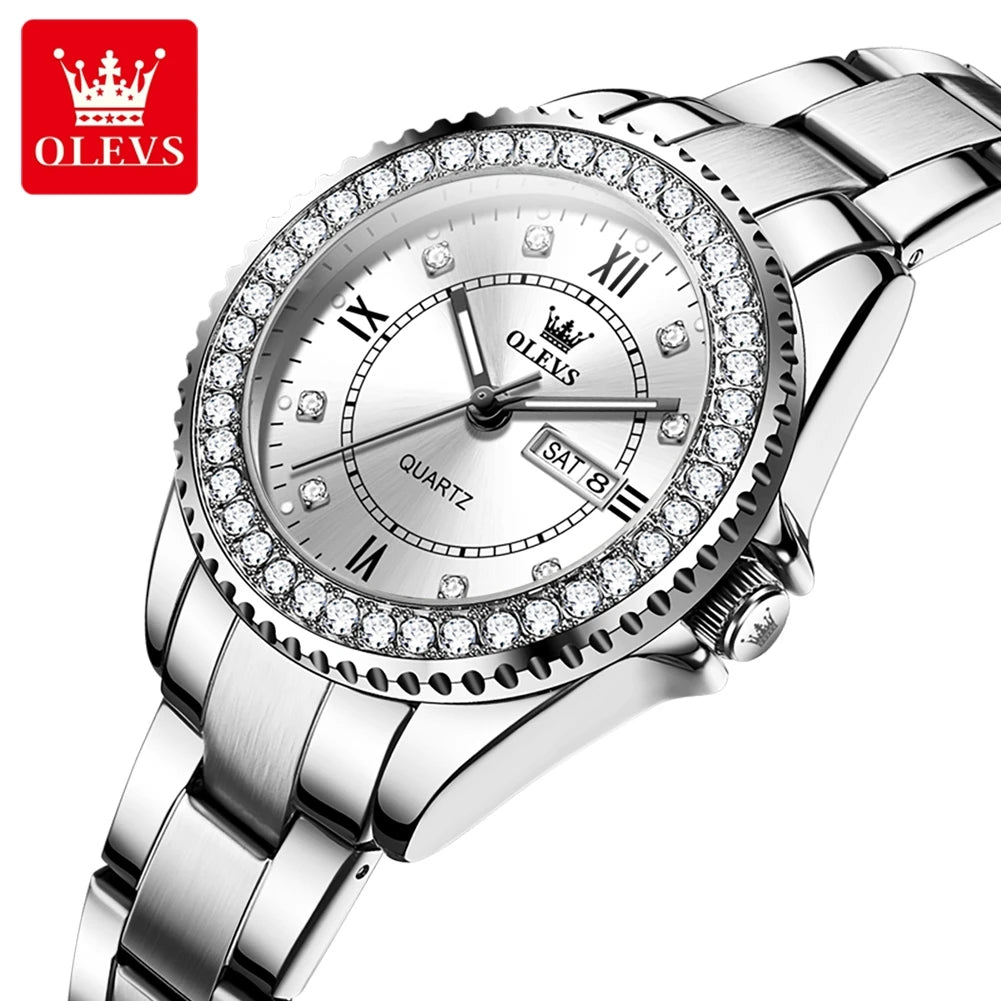 OLEVS Couple Watch Luxury Top Original Quartz Watches Stainless Steel Lover's Wristwatch for Men Women Green Water Ghost Series