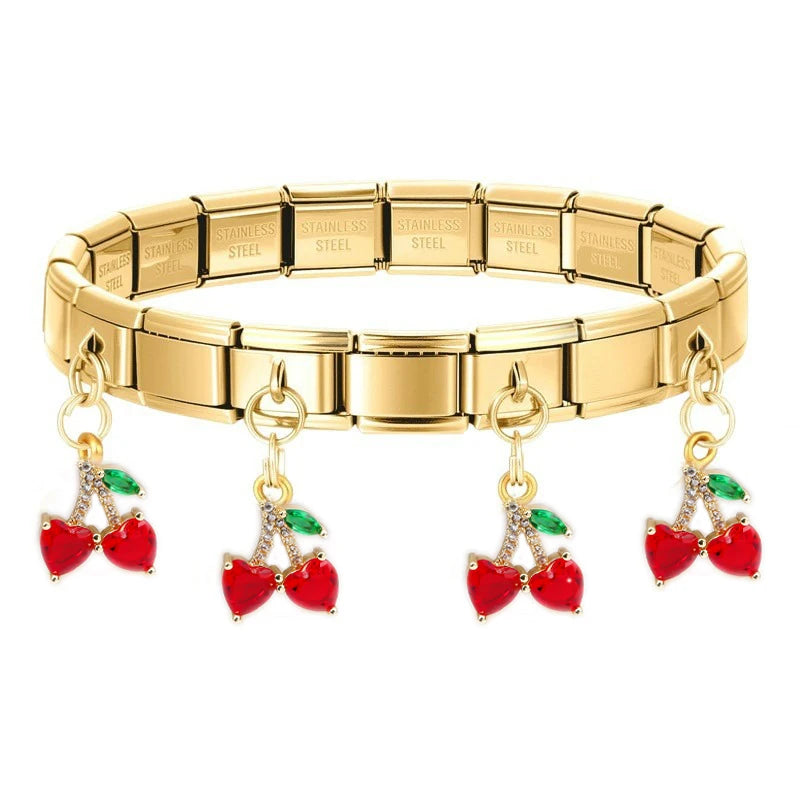 Geometric Square Stainless Steel Elastic Strap Bangle Bracelets for Women Strawberry Cherry Pendant Bracelets Hand Jewelry Gift