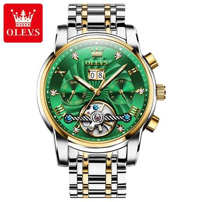 OLEVS Mens Watch Automatic Mechanical Tourbillon Slef-Wind Luxury Stainless Steel Strap Waterproof Luminous Date Wrist Watch