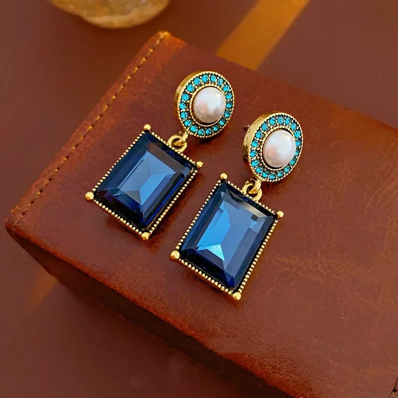 Dark Blue Rhinestone Square Pearl Necklace Earring for Women Medieval Vintage Collarbone Chain Exquisite Sparkle Jewelry Sets