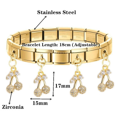 Geometric Square Stainless Steel Elastic Strap Bangle Bracelets for Women Strawberry Cherry Pendant Bracelets Hand Jewelry Gift