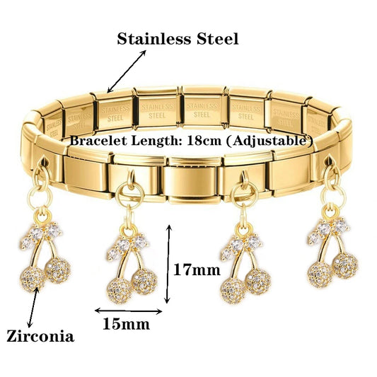 Geometric Square Stainless Steel Elastic Strap Bangle Bracelets for Women Strawberry Cherry Pendant Bracelets Hand Jewelry Gift