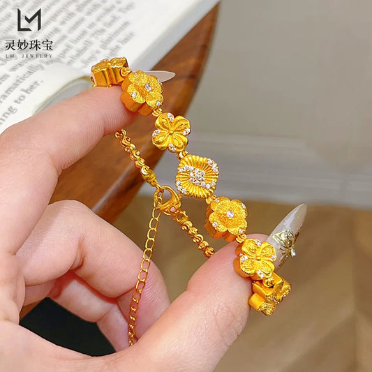 9999 24K real gold dot diamond brushed streamer bead bracelet with flowers blooming flowers and bracelets for girlfriend