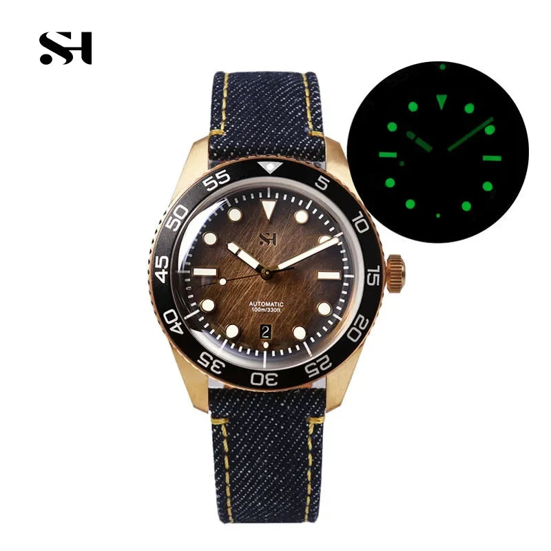 SH Bronze Watches Business Simple Men Mechanical Watch Horween Leather Strap Unique Denim Relojes Luminous 100m Waterproof CUSN6