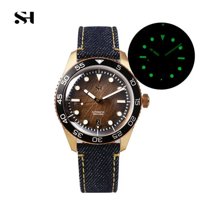 SH Bronze Watches Business Simple Men Mechanical Watch Horween Leather Strap Unique Denim Relojes Luminous 100m Waterproof CUSN6