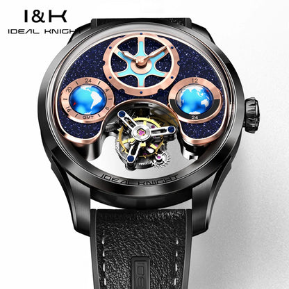 IDEAL KNIGHT 6808 Original Mechanical Watch For Men Top Brand 43mm Big Dial Flywheel Skeleton Hand Clock Business Man Watch Set