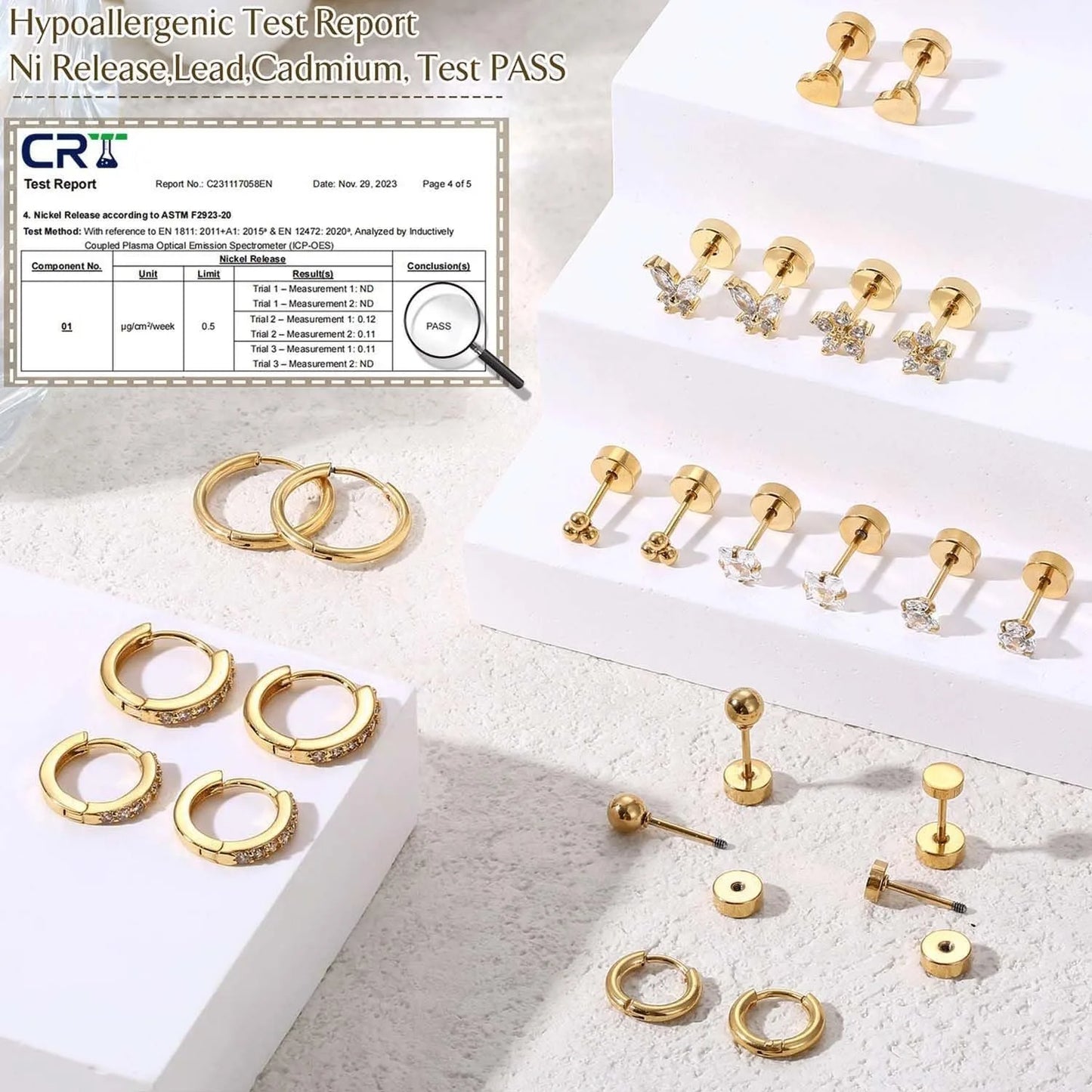 Drperfect Surgical Steel Earrings for Sensitive Ear Flat Back Hoop Cartilage Gold Plated CZ Studs for Women Multiple Piercing