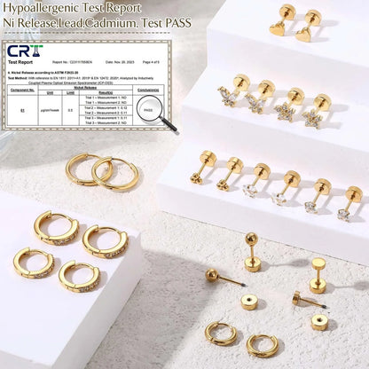 Drperfect Surgical Steel Earrings for Sensitive Ear Flat Back Hoop Cartilage Gold Plated CZ Studs for Women Multiple Piercing