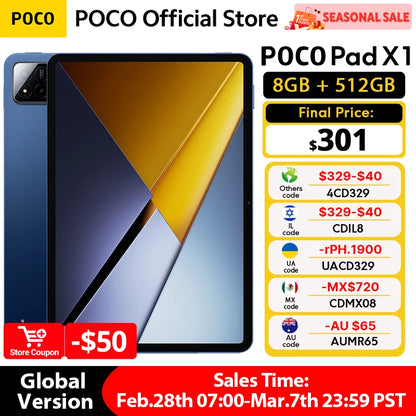 POCO PAD X1 Global Version Tablet 11.2" – Snapdragon 7+ Gen 3, 3.2K 144Hz Display, 8GB+512GB, 8850mAh