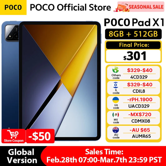 POCO PAD X1 Global Version Tablet 11.2" – Snapdragon 7+ Gen 3, 3.2K 144Hz Display, 8GB+512GB, 8850mAh