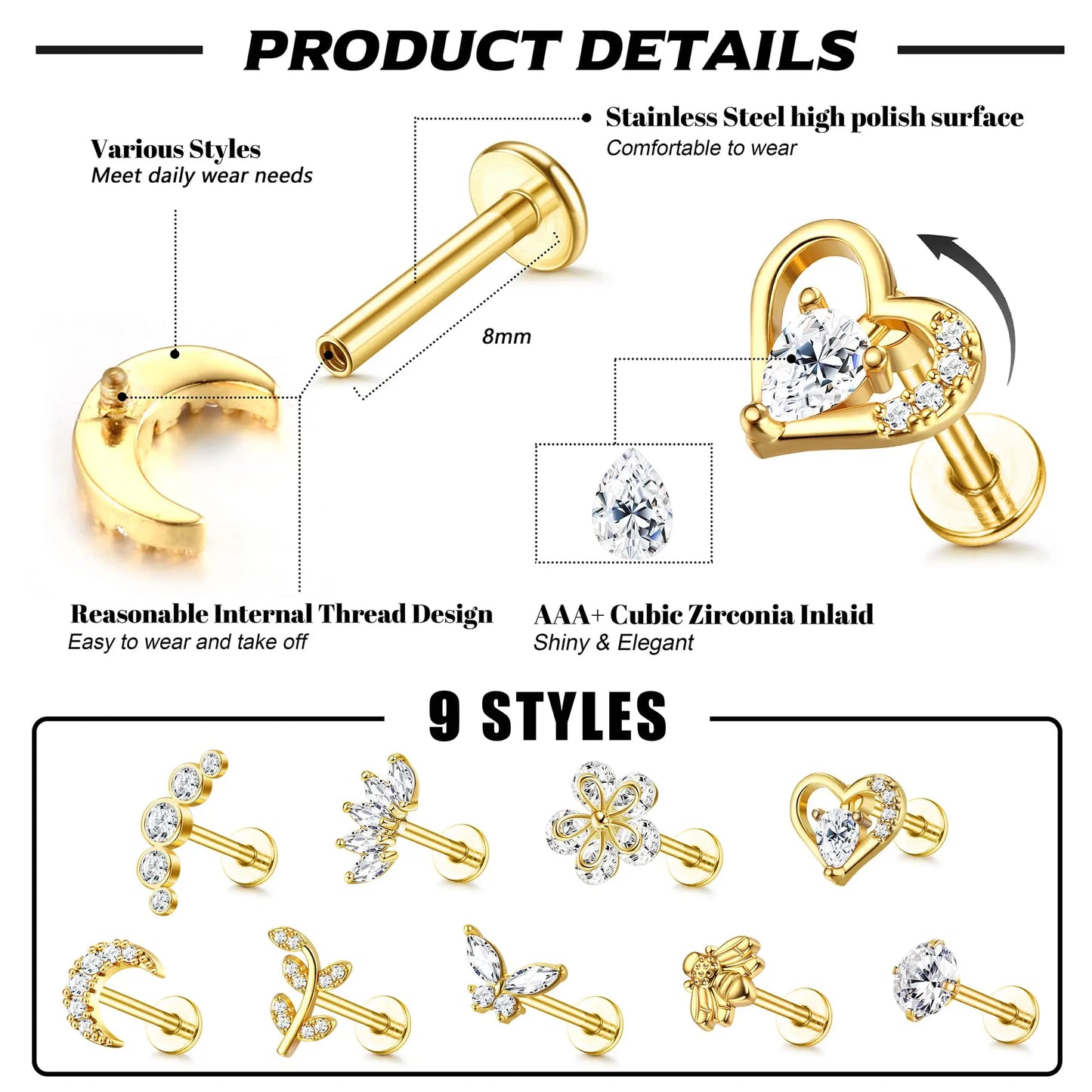 9Pcs 16G Cartilage Earrings for Women Stud Earrings Set Tragus Helix Conch Earrings Internally Threaded Labret CZ Piercing