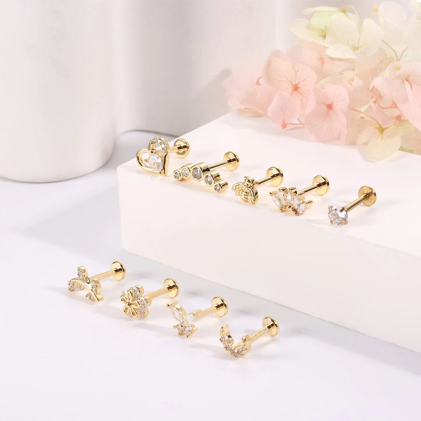 9Pcs 16G Cartilage Earrings for Women Stud Earrings Set Tragus Helix Conch Earrings Internally Threaded Labret CZ Piercing