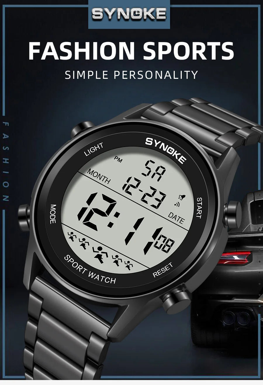 SYNOKE Top Luxury Stainless Steel Strap Sport Watches Mens Waterproof Back Light Digital Wristwatch Male Alarm